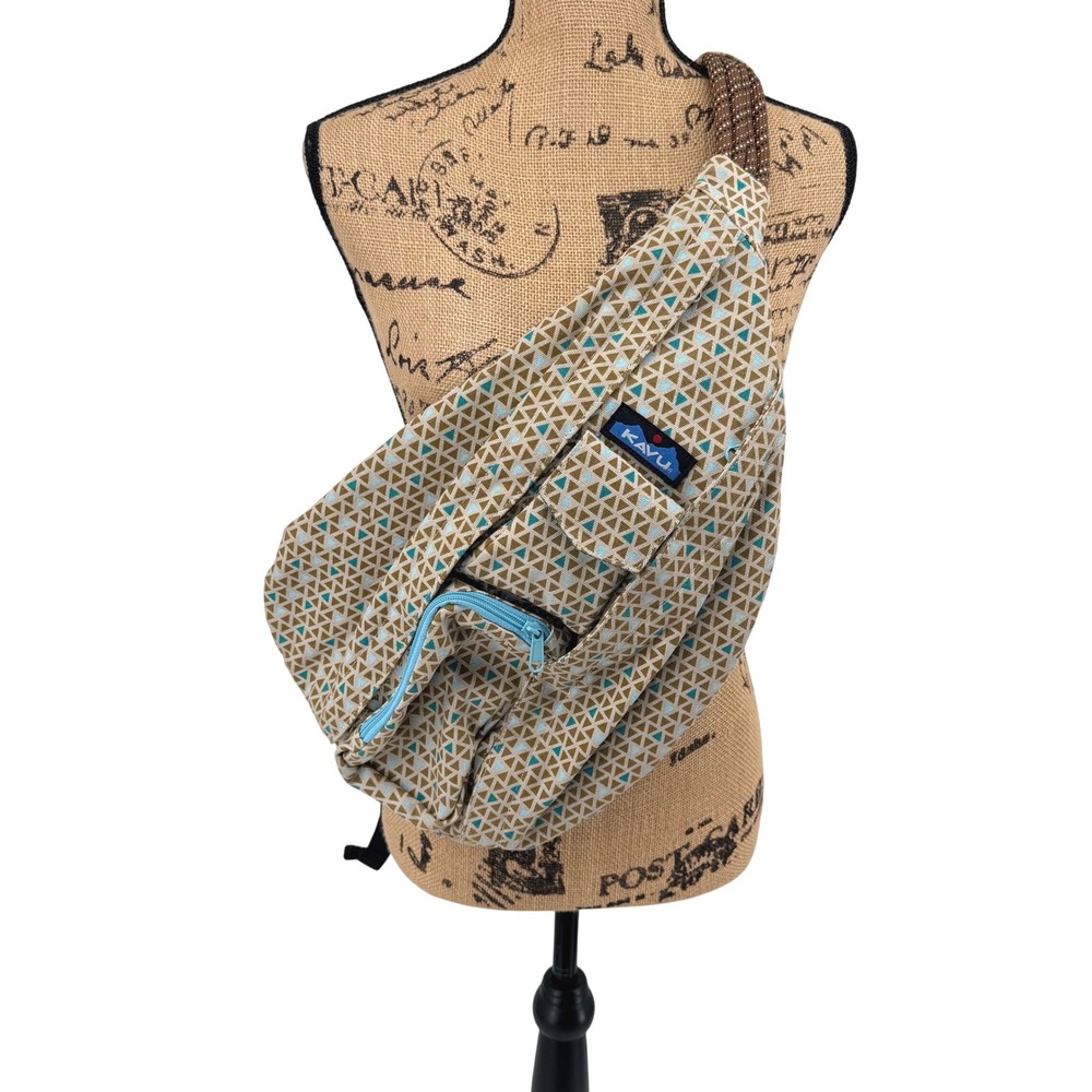 KAVU Rope Sling Backpack Geometric Print Adjustable Strap Teal Tan Brown Travel‎